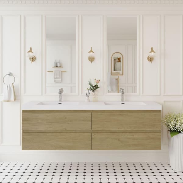 72 in. W Floating Bathroom Vanity in Natural Oak with White Resin Top Basin, 4 Soft Close Drawers