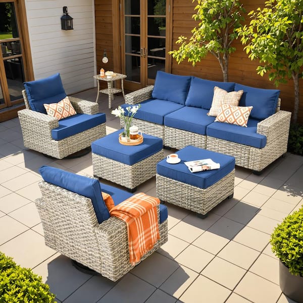 OVIOS Tiberte Gray 8-Piece Wicker Patio Conversation Seating Set with Navy Blue Cushions and Swivel Chairs