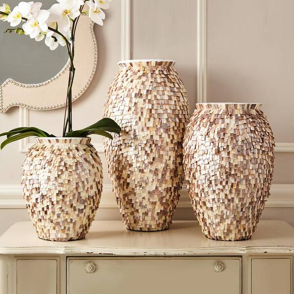 Two's Company Shingles Brown Ceramic/MOP Mother of Pearl Vases (Set of 3)