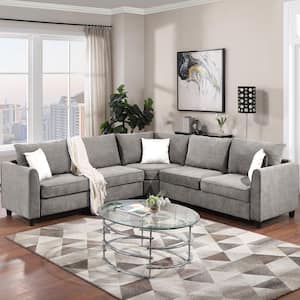 100 in. W Gray Scroll Arm 3-Piece Polyester Fabric L Shape 6 Seats Sectional Sofa Couch with 3-Pillows