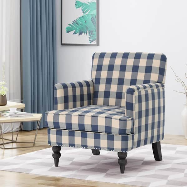 Noble House Harrison Blue Checkerboard Fabric Club Chair with Stud Accents