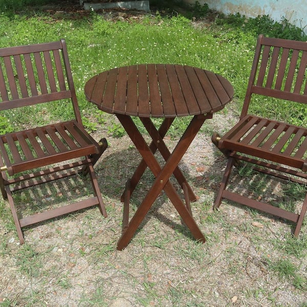 Misopily 3-Piece Brown Acacia Wood Round Outdoor Bistro Set with 1-Coffee Table and 2-Foldable Chairs for Garden, Backyard