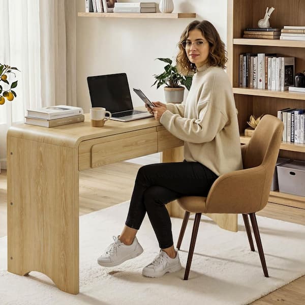 47 in. Rectangular Natural Oak Wood Waterfall Writing Desk with 2 Storage Sliding Drawers and Curved Statement Pulls