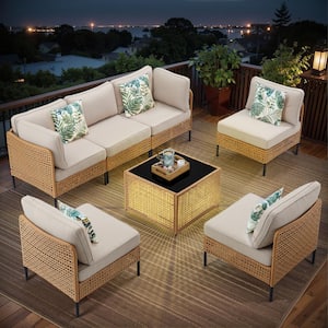 Nyajiah 7-Piece Yellow Wicker Outdoor Sectional Set with Beige Cushions