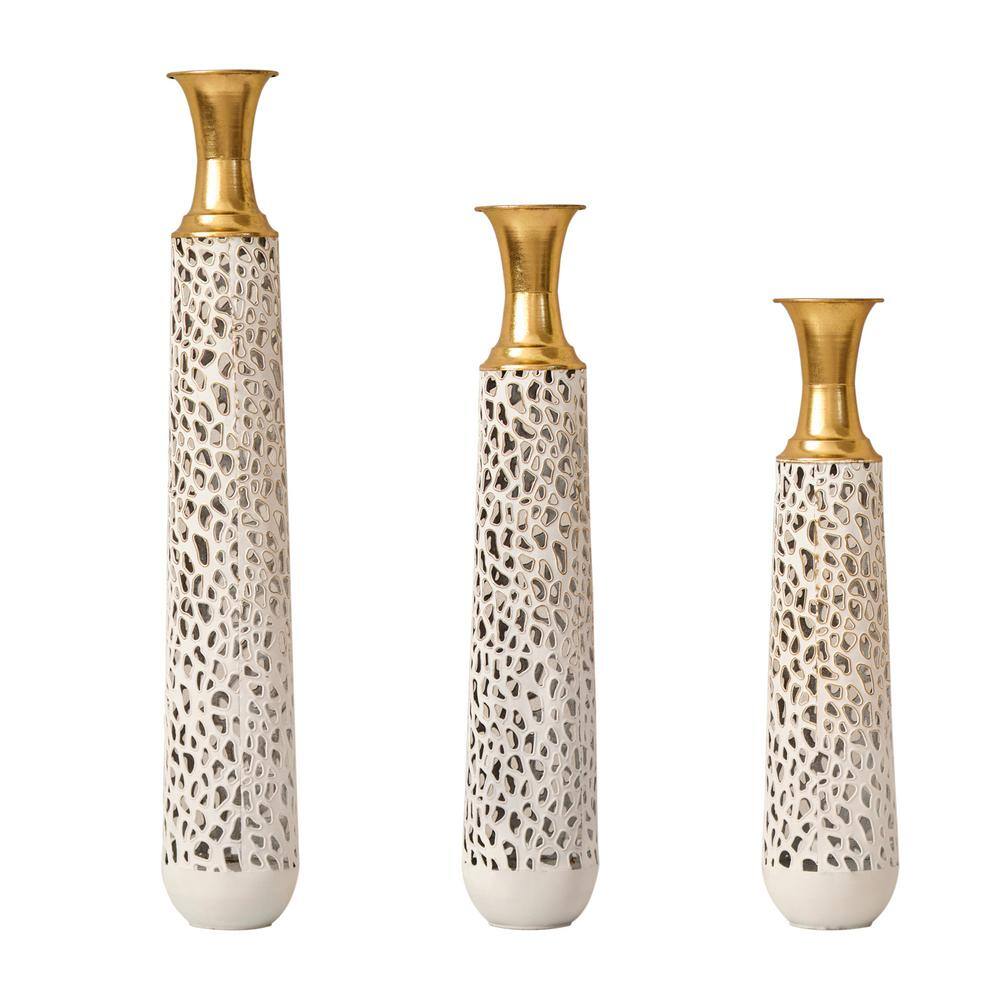 34 in. Gorgeous White Gold Cylinder Floor Large Glazed Metal Decorated Vase