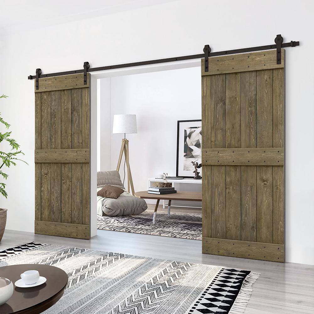 84-in x 84-in Aged Barrel Wood Double Barn Door with Oil-Rubbed Bronze Hardware
