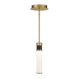 Abel 8.25 in. W x 13.75 in. H Integrated LED Matte Black Mini Pendant with Warm Brass Accents and Frosted Glass Shade