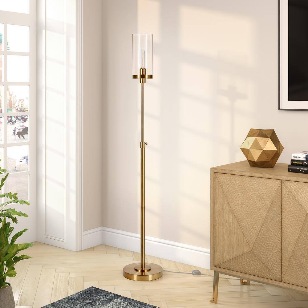 Elegant Industrial Brass Floor Lamp with Seeded Glass Shade