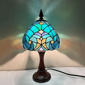 15 in. H Dark Bronze Finishing Tiffany Style Table Lamp Small Nightstand Desk Light for Bedroom Cyan Stained Glass Shade