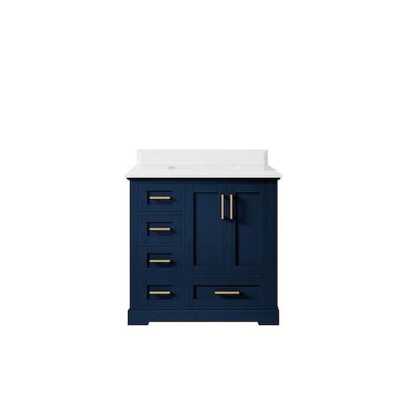 Willow Collections Boston 36 in. W x 22 in. D x 36 in. H Single Sink Bath Vanity Center in Navy Blue with 1.5" White Quartz Top