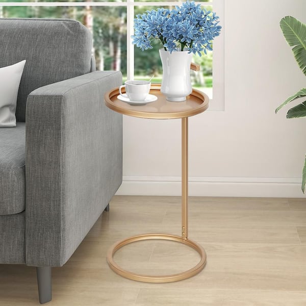 Maypex Dia 14 in. Tray Top Round Metal Gold Accent Table and Side Table