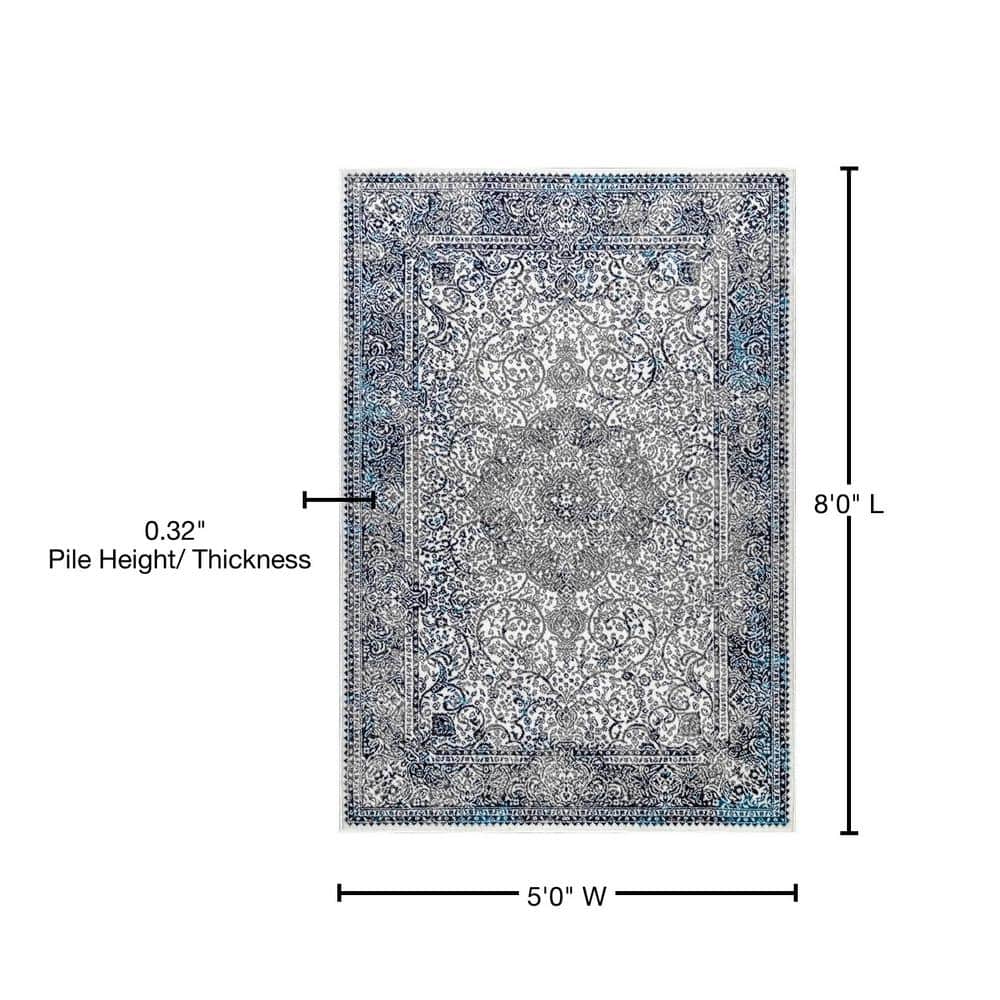 Delores Blue and White Rectangular Oriental Area Rug