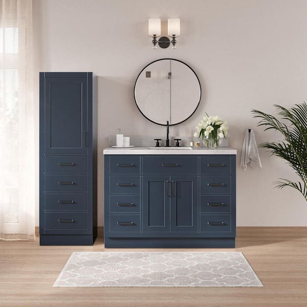Hepburn 48 in. Single Sink Bath Vanity with Carrara White Quartz Top and Linen Cabinet in Midnight Blue