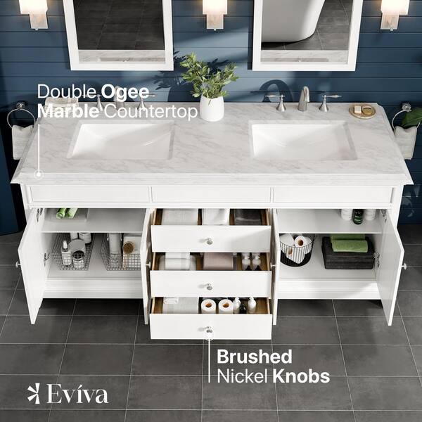 Elite Princeton 72 in. W X 24 in. D X 34 in. H Double Bath Vanity in Gray with White Carrara Marble Top with White Sinks
