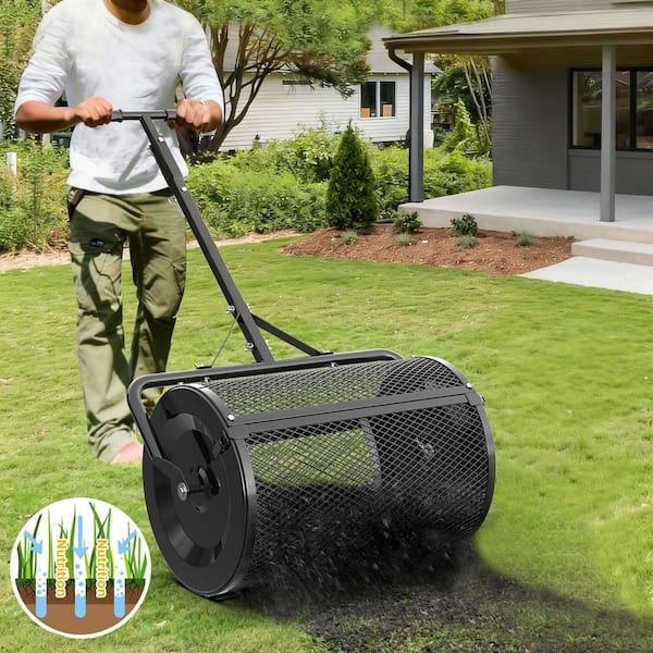 24 in. Black Compost Handheld Spreader Peat Moss Spreader, Lawn Garden Spreader Roller for Manure with 3-Heights