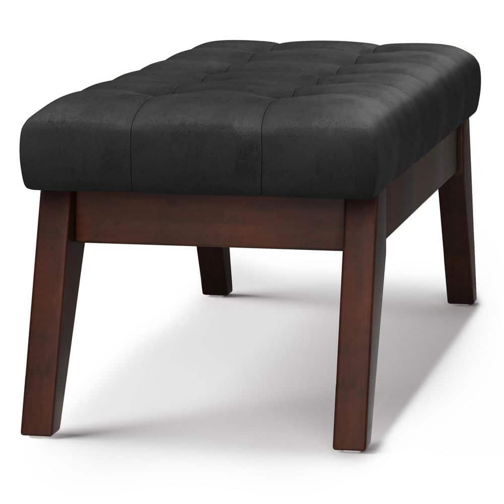 Distressed Black Faux Leather Tufted Ottoman Bench