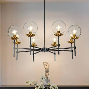 8-Light 34in Mid-Century Modern Globe Glass Chandelier in Matte Black and Brass Industrial Sphere Candlestick Chandelier