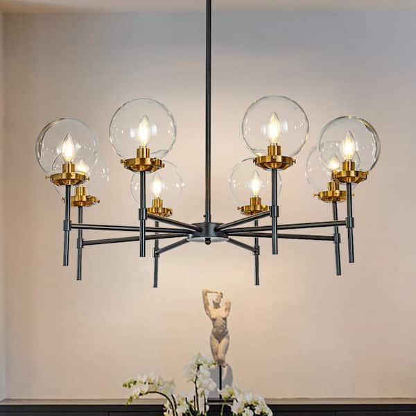 ALOA DECOR 8-Light 34in Mid-Century Modern Globe Glass Chandelier in Matte Black and Brass Industrial Sphere Candlestick Chandelier