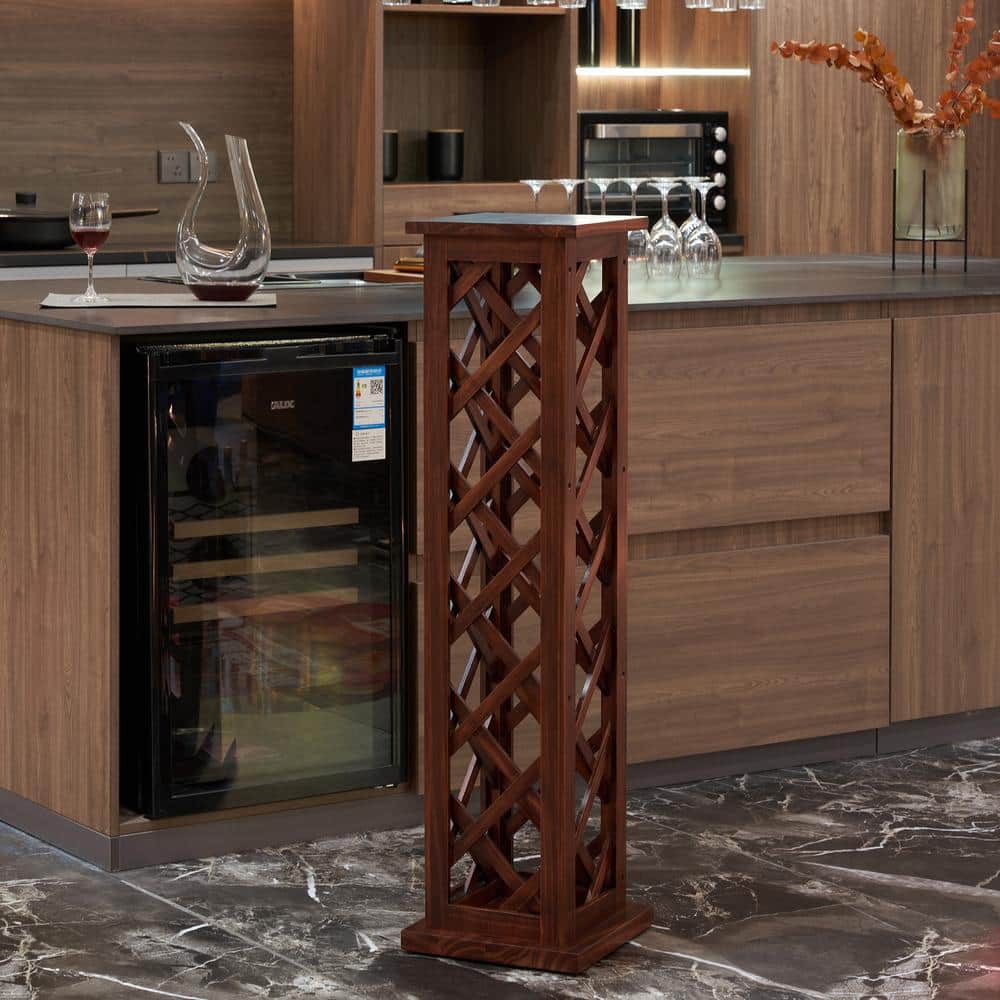 Freestanding 12-Bottle Walnut Pine Wine Display Wine Storage Shelves w/Tabl