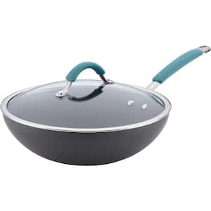 11 in. Hard-Anodized Aluminum Nonstick Dishwasher Safe Wok Pan in Gray with Blue Silicone Over Stainless Steel Handle