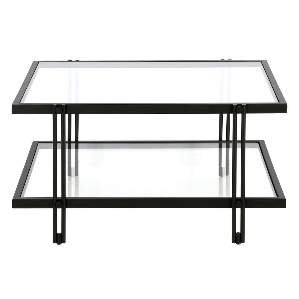 Modern Square Glass Coffee Table with Lower Shelf in Blackened Bronze