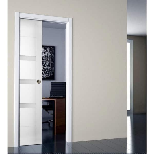 28 in. x 80 in. Single Panel White Solid MDF Double Sliding Doors with Pocket Hardware