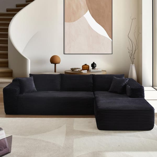 VIVI 104 in. Wide Arm 2-Piece Plush Corduroy Fabric L-Shape Modular Sectional Sofa in Black with Right Chaise
