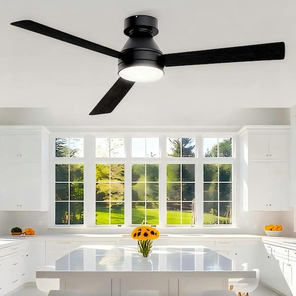 52 in. Dimmable LED Indoor/Outdoor Black Flush Mount Ceiling Fan with Light and Remote, 6 Speeds DC Reversible Noiseless