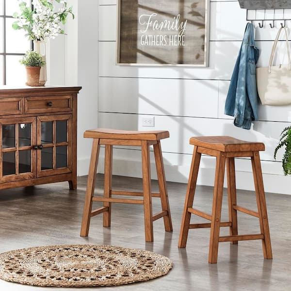 23.62 in. H Oak Backless Wood Saddle Seat Counter Height Stools (Set Of 2)