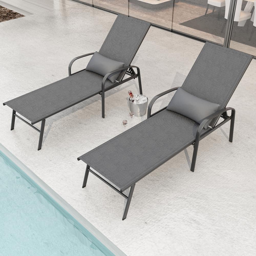 2-Piece Metal Outdoor Chaise Lounge with Adjustable Backrest and Pillow for