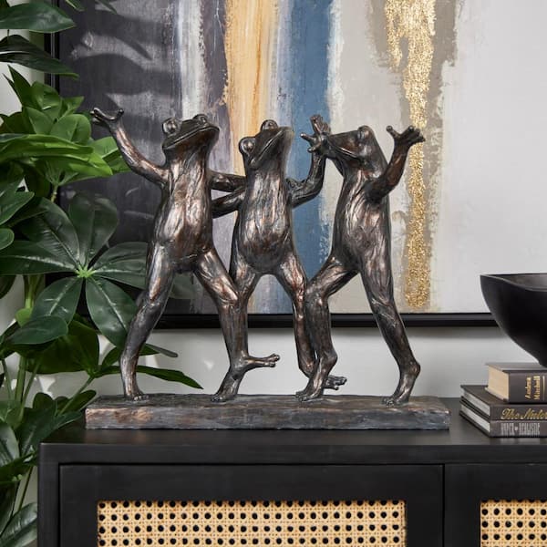 Litton Lane 7 in. x 16 in. Bronze Resin Patina 3 Dancing Frog Sculpture
