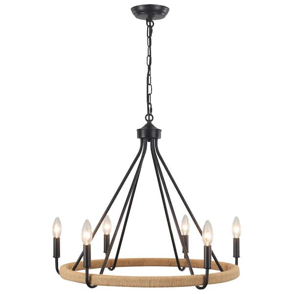 LWYTJO 6-Light Black Farmhouse Chandelier Wagon Wheel Candlestick Light Fixture for Kitchen Island