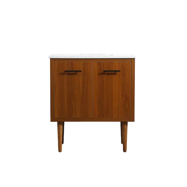 Unbranded Simply Living 30 in. W x 19 in. D x 33.5 in. H Bath Vanity in Teak with Ivory White Engineered Marble Top