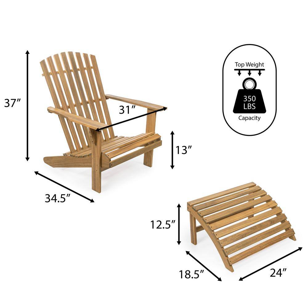 Saranac Teak Brown Wood Adirondack Chair with Detachable Ottoman