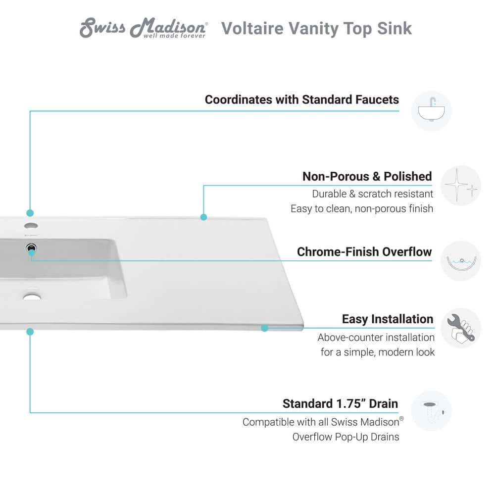 Voltaire 49" Glossy White Ceramic Vanity Top with Single Basin
