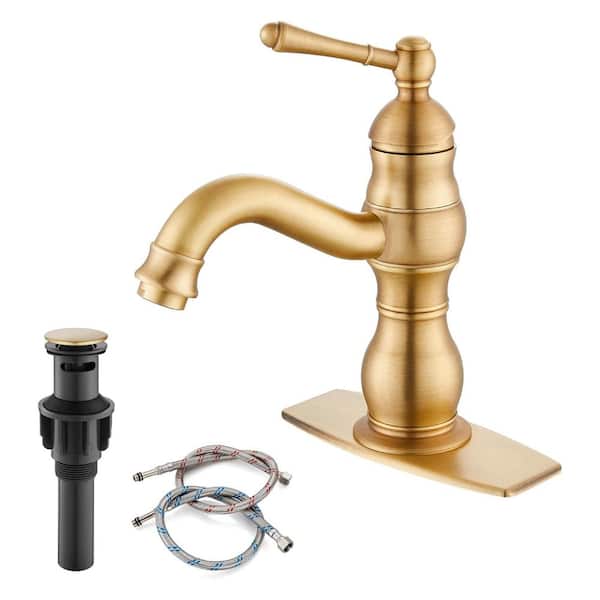 PICTURESQUE CENDU LLC Single Handle Single Hole Bathroom Faucet with Deckplate Included and Pop Up Drain in Antique Brass