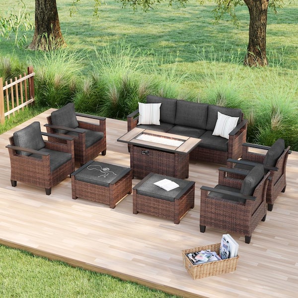 Sonkuki 8 Pieces Brown Wicker Black Cushion Patio Conversation Set with Rectangle Firepit Table and Ottomans