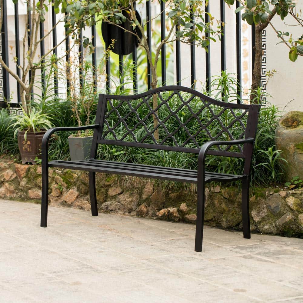Black Steel and Cast Iron Outdoor Patio Bench