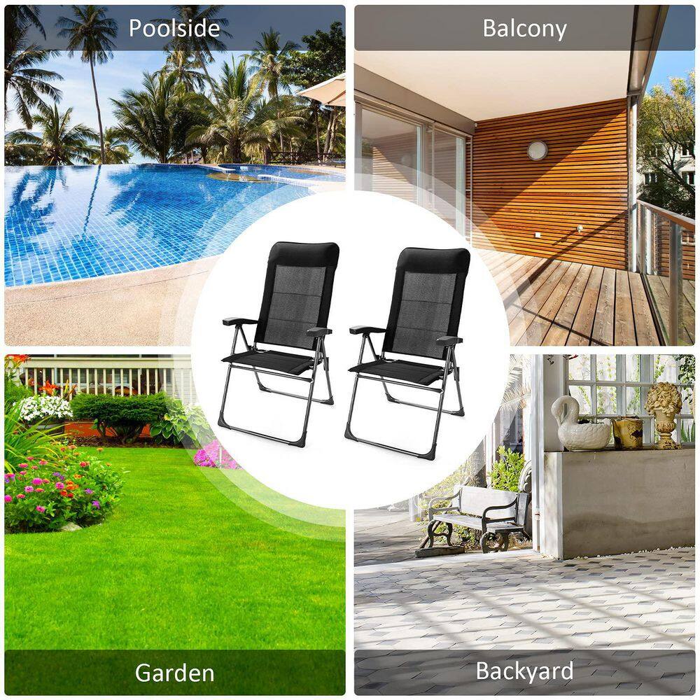 Black Adjustable Folding Patio Dining Chairs with Arms, Set of 2