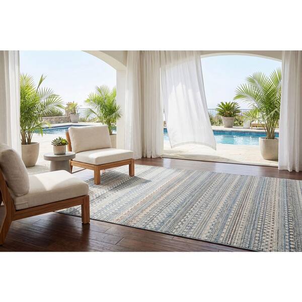 Brighton Beige/Blue 3 ft. 11 in. x 5 ft. 7 in. Contemporary Polypropylene Area Rug