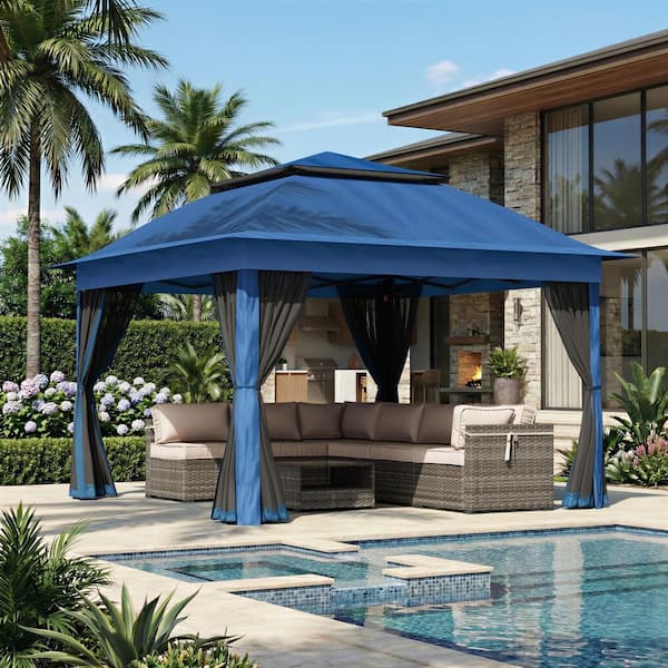 Dark Blue Steel Portable Pop-Up Gazebo with Mosquito Netting 11 ft. x 11 ft. . .