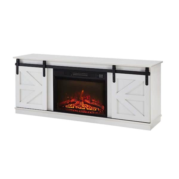 58 in. W Freestanding Electric Fireplace TV Stand with Farmhouse Sliding Barn Doors in White