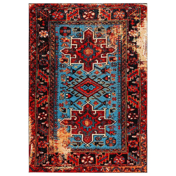 Vintage Hamadan Red/Light Blue 2 ft. x 4 ft. Floral Border Area Rug