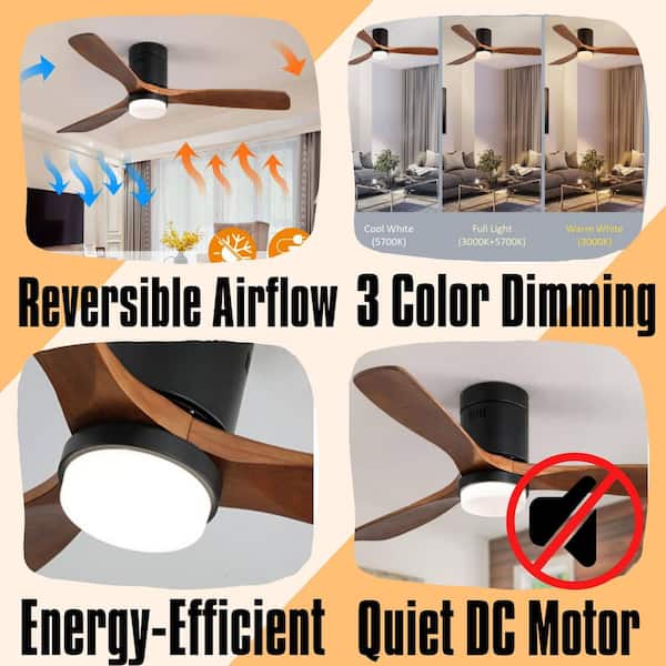 52 in. Brown Ceiling Fan With Lights 3-Solid Wood Blade Noiseless Reversible Motor Remote Control,Flush Mount