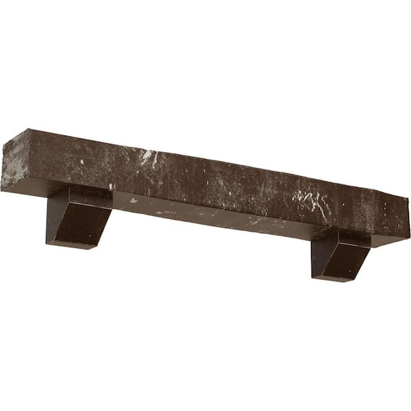Ekena Millwork 4 in. x 6 in. x 3 ft. Knotty Pine Faux Wood Fireplace Mantel Kit with Ashford Corbels, Vintage Mahogany