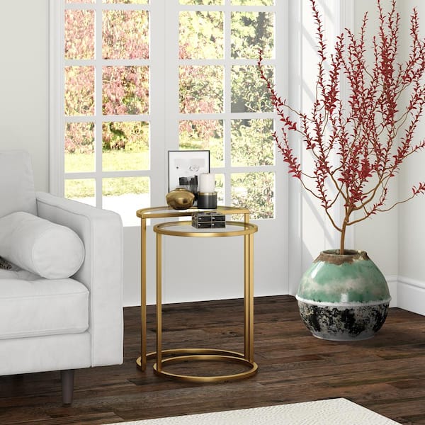 Meyer&Cross Luna 16 in. Brass Round Glass Coffee Table with 2-Pieces