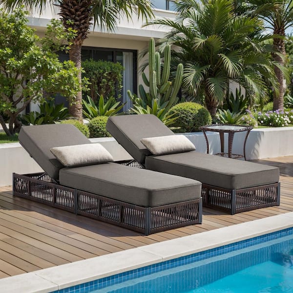 ArcoBay 3-Piece Brown Wicker Outdoor Chaise Lounge with 5 in. Thick Gray Cushions and Side Table