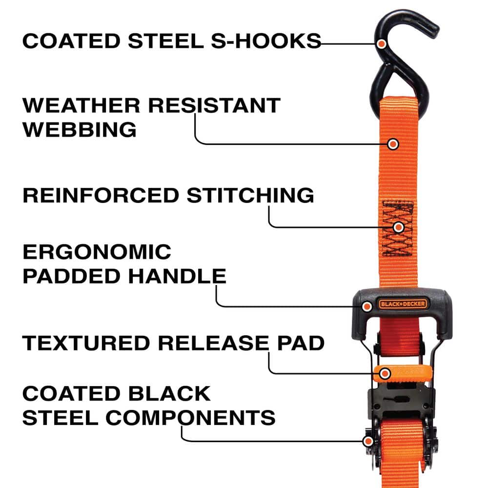 Black and Orange Adjustable Metal Ratchet Tie Down Straps, 4-Pack