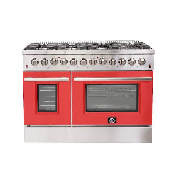 Forno Galiano 48 in. 8-Burner Double Oven Dual Fuel Range with Gas Stove and Electric Oven in Stainless Steel with Red Door