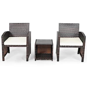 3-Piece Wicker Patio Conversation Set with Soft White Cushion and Coffee Table for Backyard Poolside Garden